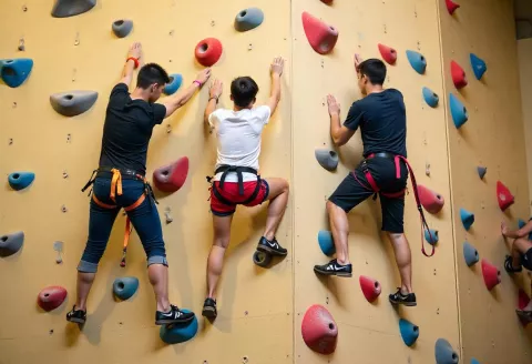 niños subiendo muro de escalada