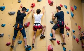 niños subiendo muro de escalada